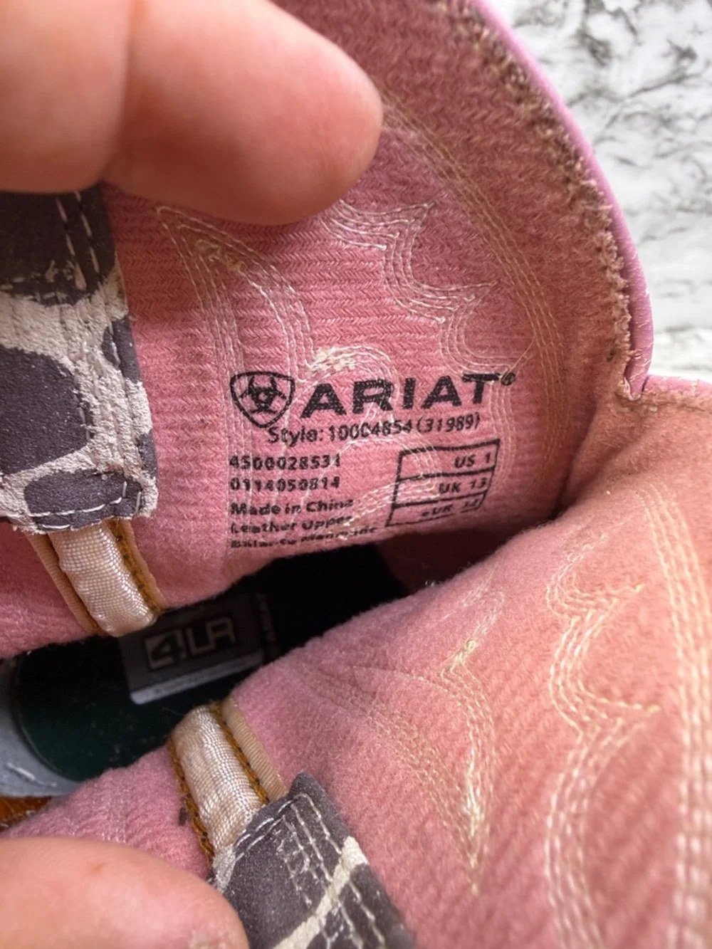 Ariat Brown Leather Cowgirl Boots with Pink & Cream Patterned Shaft size 1